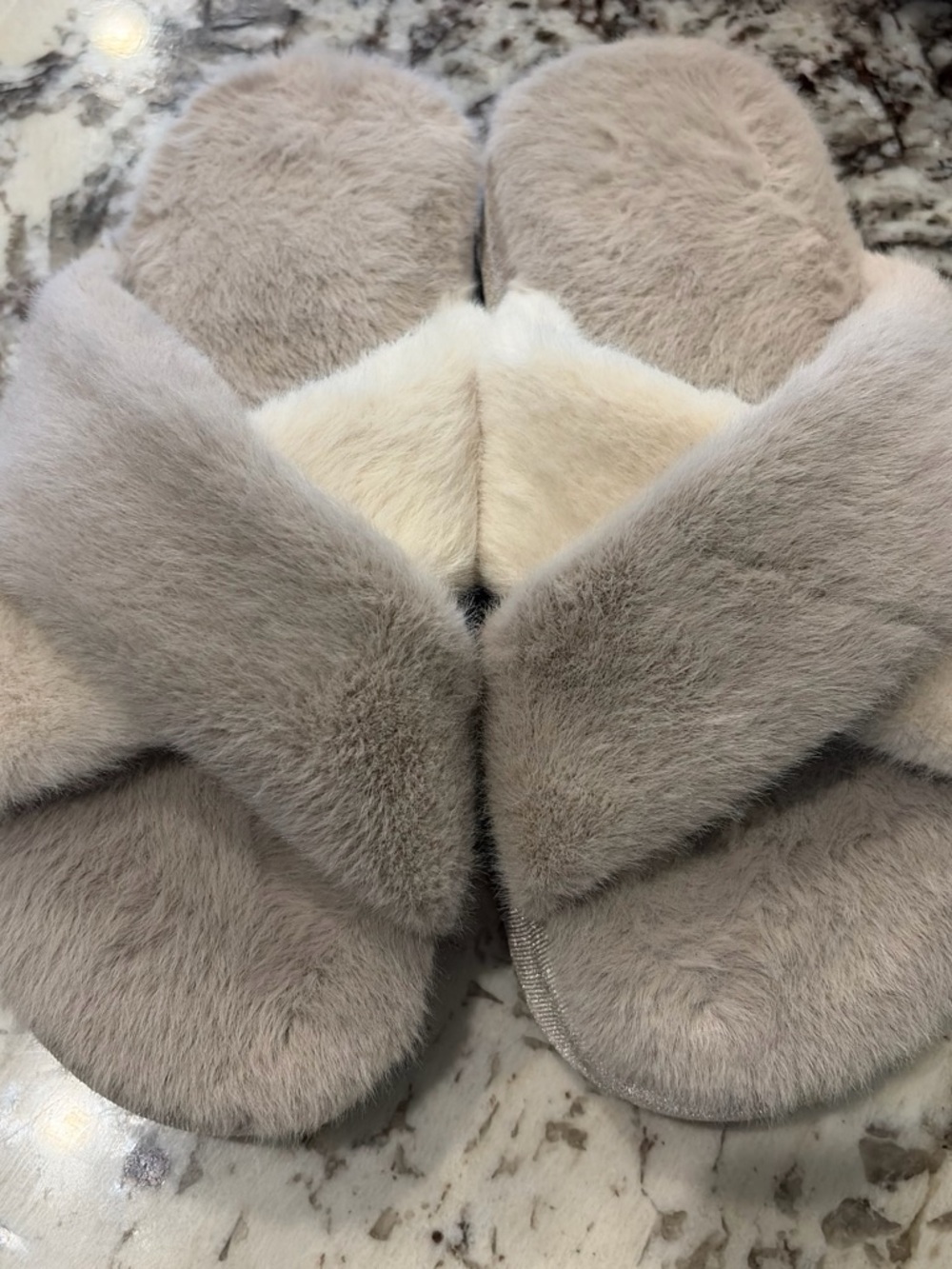 Plush Cross-Band Slide Slippers in Taupe